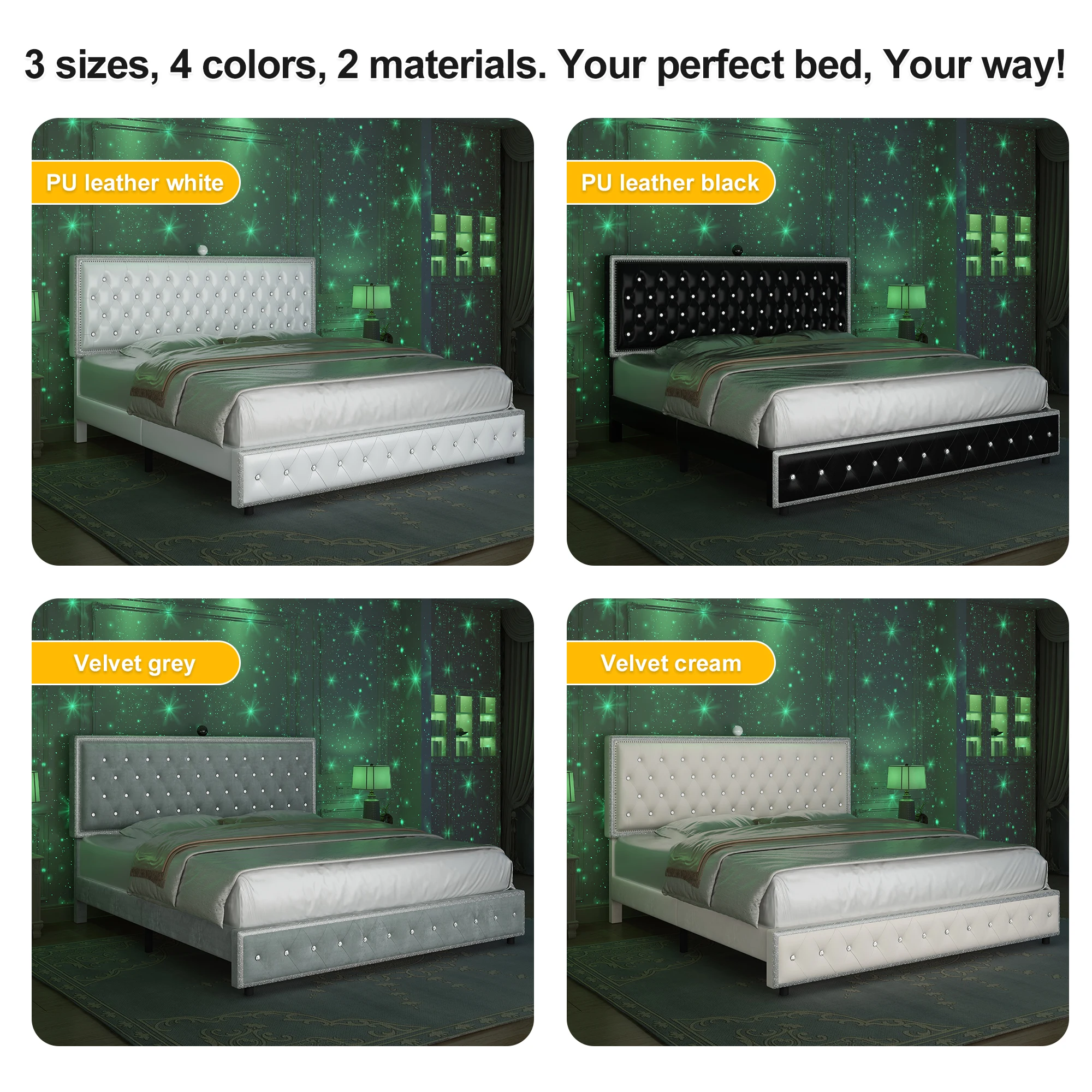 GEGOFORU Full LED Bed Frame with Galaxy Projector, Rivet Trim Headboard, Wood Slats, No Box Spring Needed, Velvet Gray
