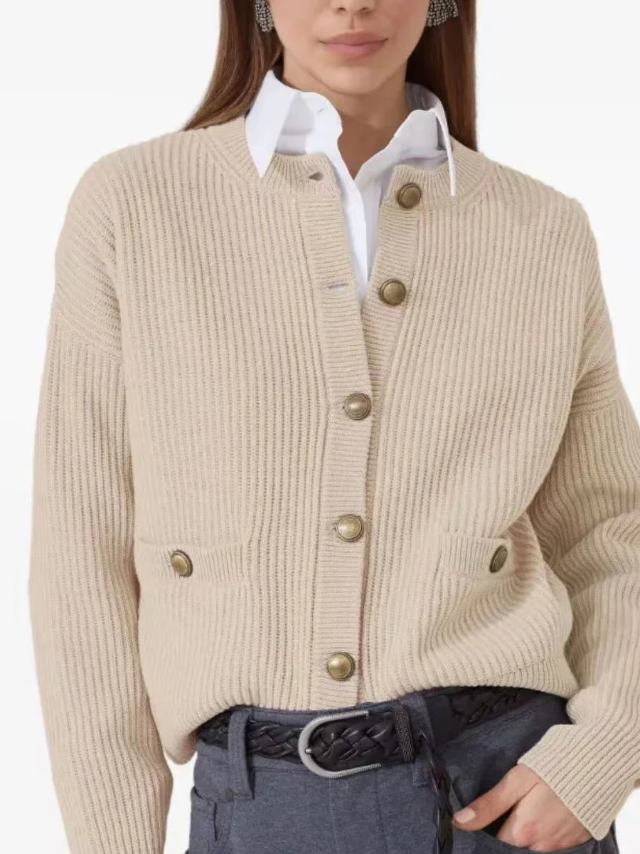 

Retro-Style Round Neck Knitted Cardigan For Women, Casual, Versatile, And Simple Women'S Clothing Top