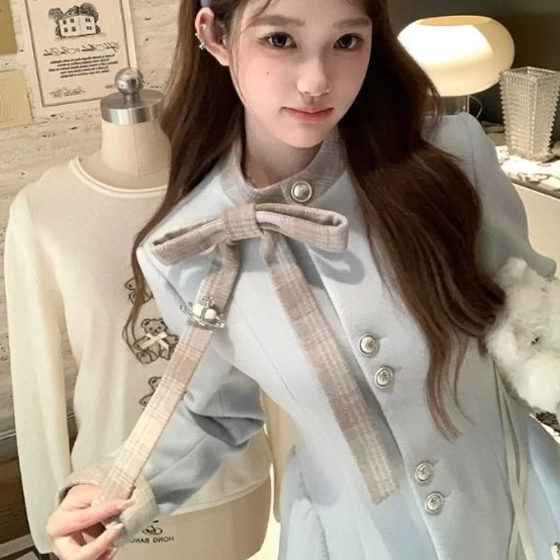 النمط الفرنسي خمر معطف فستان من الصوف الأنيق المرأة لطيف الحلو القوس كم طويل زر الأزرق جاكيتات الشتاء موضة ملابس خارجية ضئيلة #4