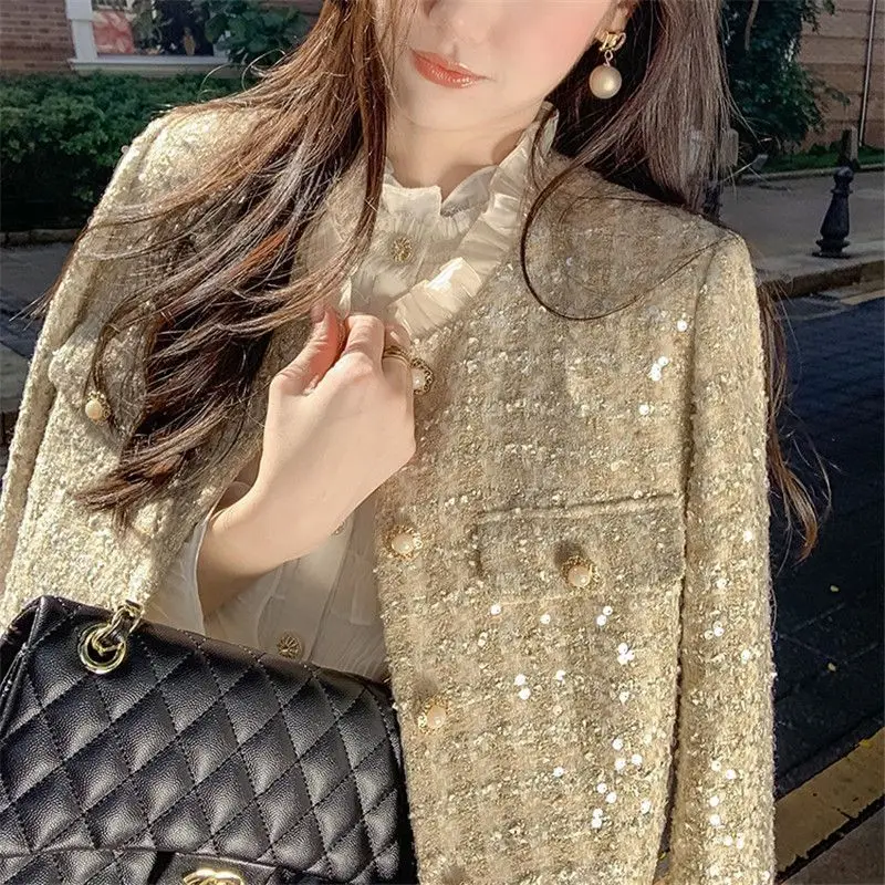 Women Sparkling Woolen Tweed Sequined Blazers Coat Beading Suits Jacket OL Lace Patchwork O-Neck Collar Cardigan Spring Tops