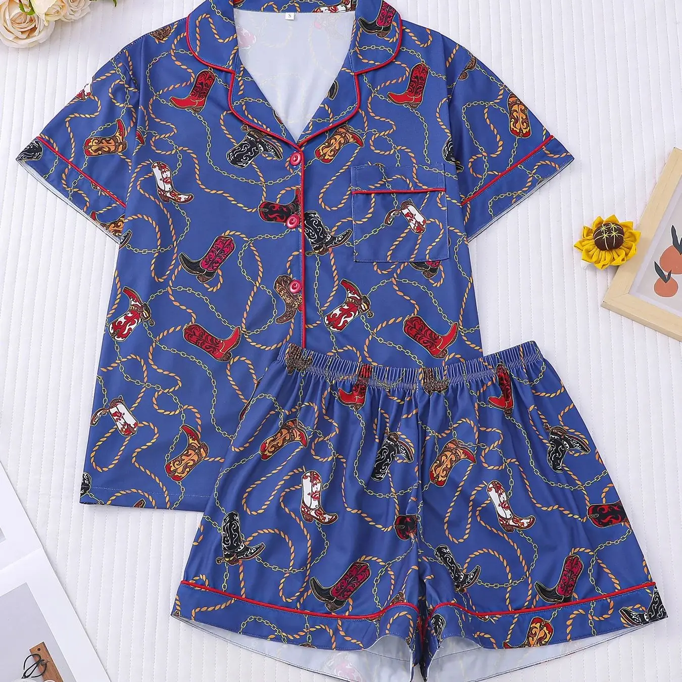 

Синий джинсовый комплект для сна с элементами в стиле бохо, женский домашний костюм с лацканами, короткими рукавами и шортами, свободный и стройнящий, в повседневном стиле.