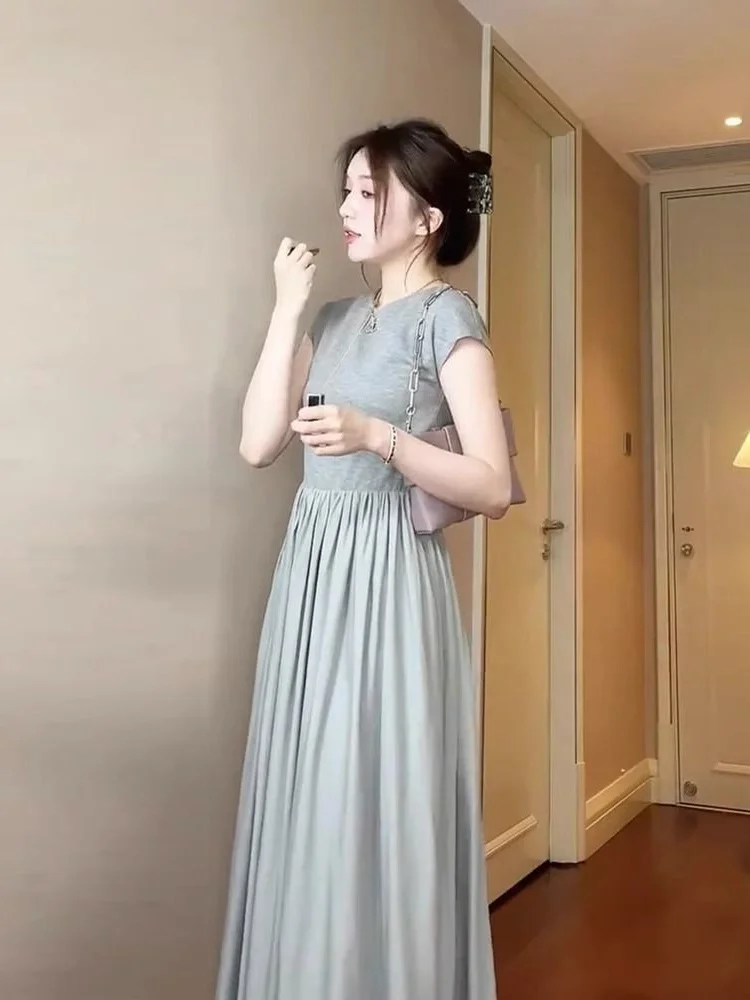 

plus Size Summer Long Dress Conceals Flaws Youthful A-Line Skirt Casual Commute Style Short Sleeve round Neck Color
