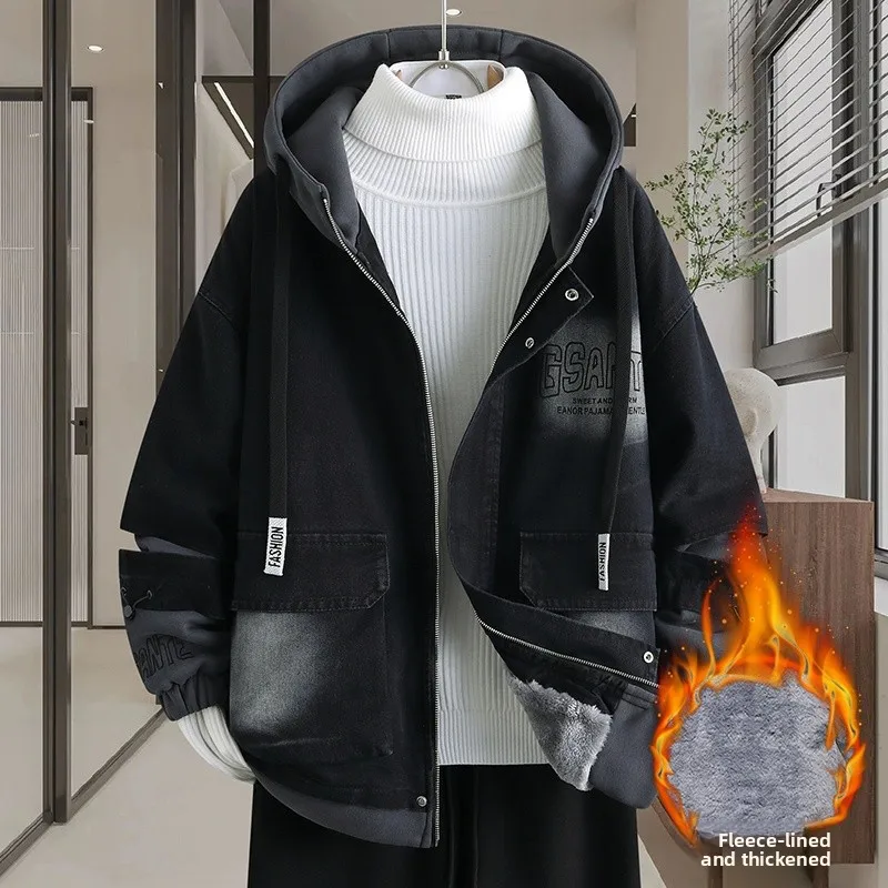 

Thiened Fce Men's Denim Parka Hooded Jaet Casual Faion Urban Sle Winter Coat Cotton Polyester Blend Warmth