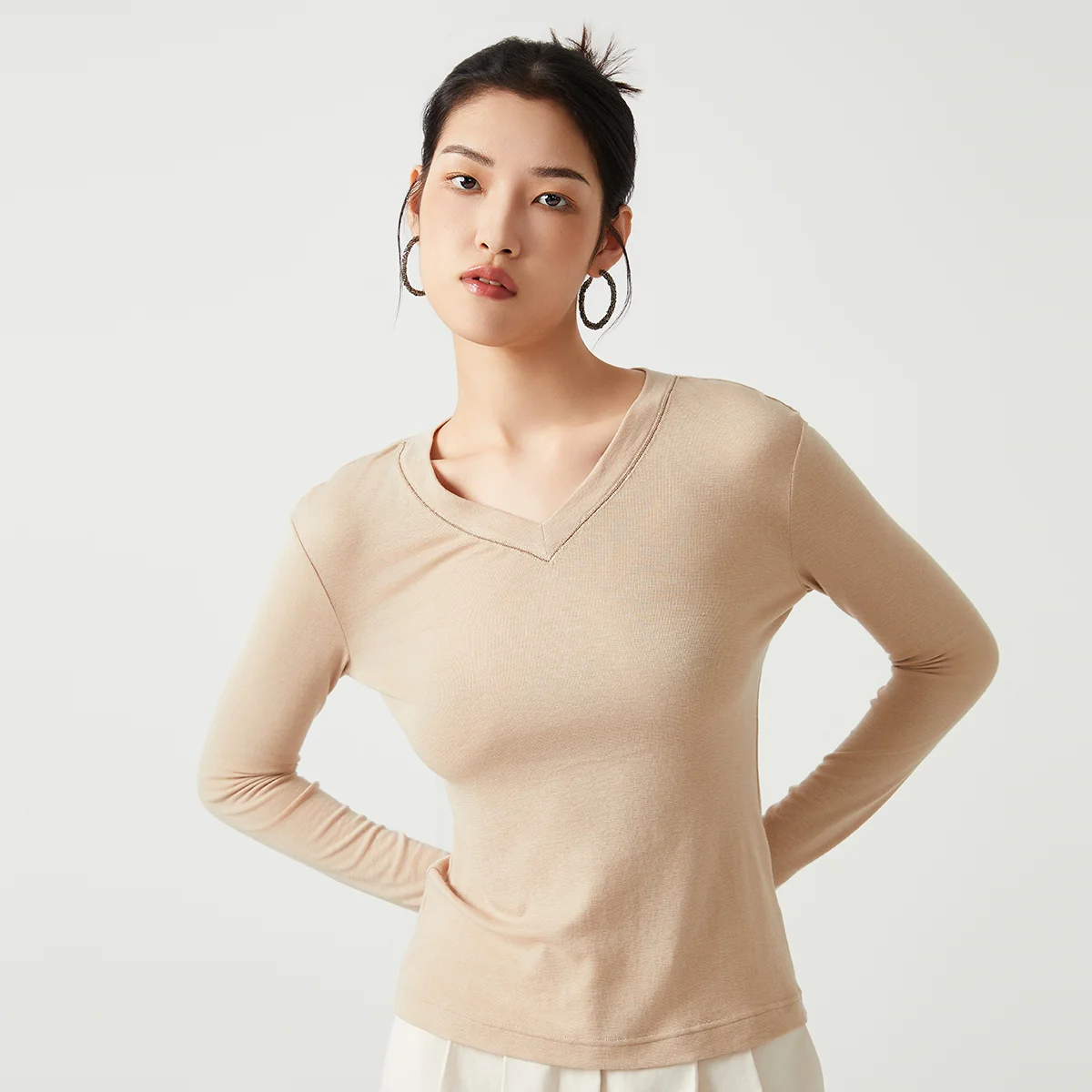 K2632X encel wool base layer shirt V neck long sleeve thin t-shirt high quality Clothes for women