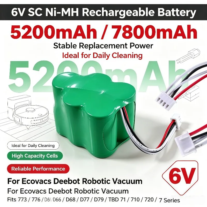 6V 5.2Ah-12.8Ah Ni-MH Rechargeable Battery Compatible ECOVACS Robot Sweeper 620 710 D76