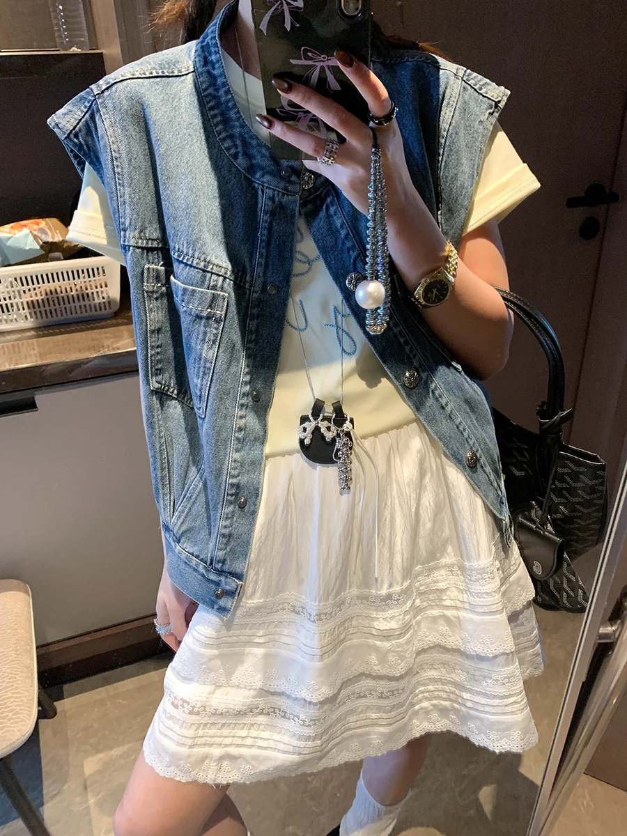

Spring women's casual solid color washed distressed loose casual layered denim vest jacket versatile