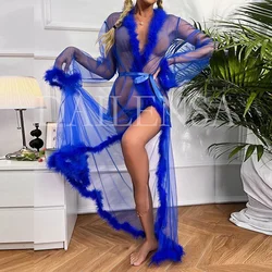 2024 yeni stiller uzun sıcak kadınlar Femme kürk sheer Robe dantel mesh Trim seksi iç çamaşırı