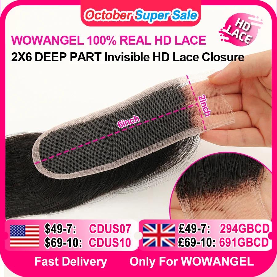WOWANGEL 2x6 Separazione profonda HD Chiusura in pizzo Frontale Solo pelle sciolta Capelli lisci Chiusura Kim K Capelli vergini pre pizzicati per donna