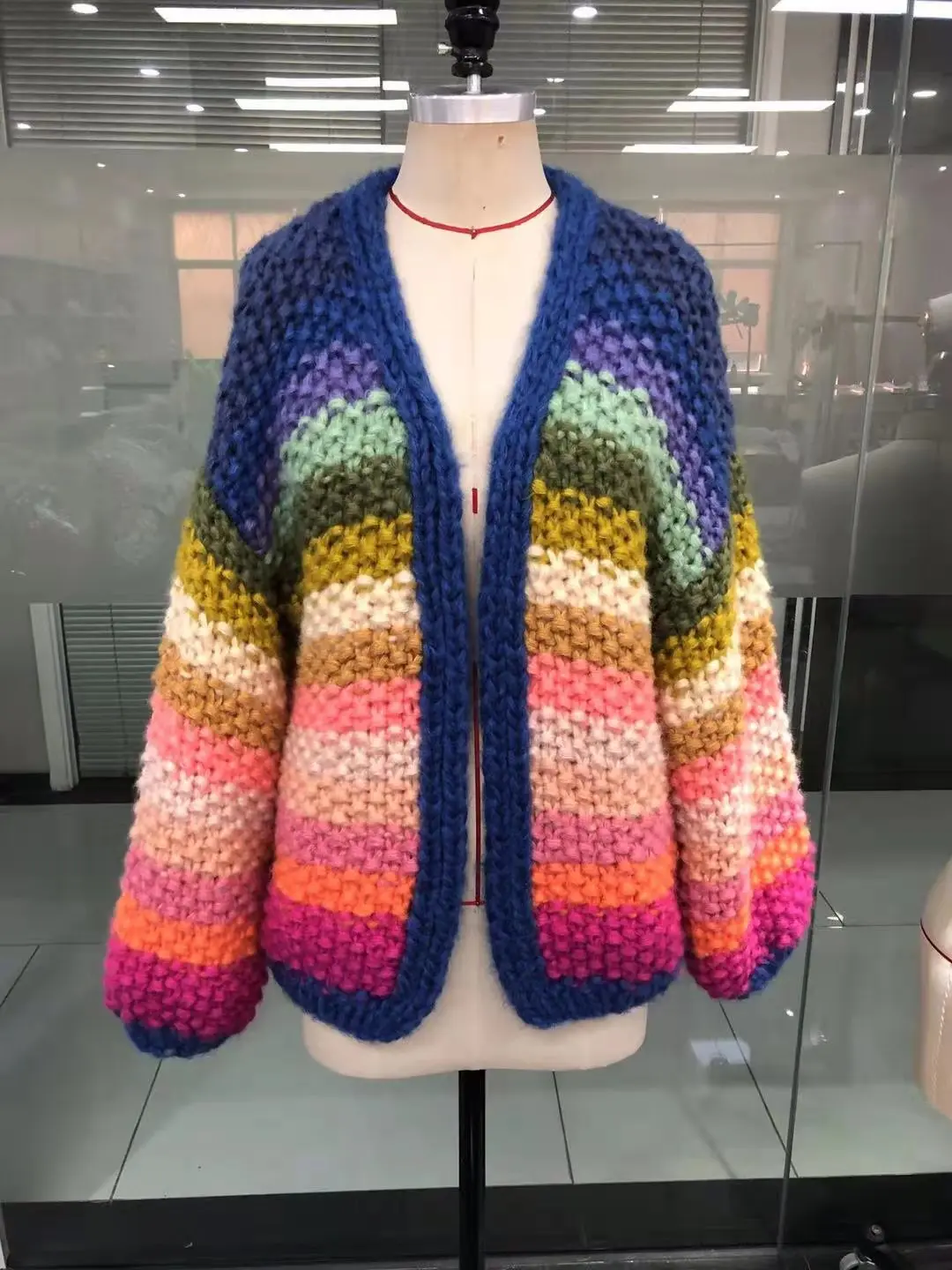 Autumn Winter Handmade Rainbow Striped Crocheted Cardigan Hit Color Thick V-Neck Hooked Sweater Coat Female Knitwear Crop Tops