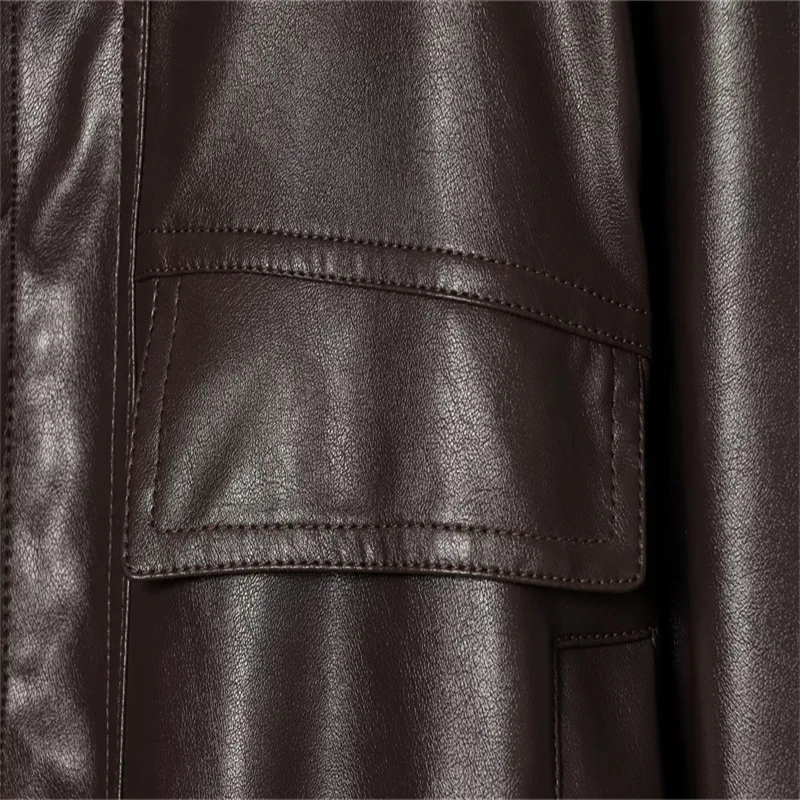 Loose Motorcycle Jacket Women's PU Leather Jacket Zipper Decoration Short Sleeve Long Coat Chinese Brand Fashionable Women's Top