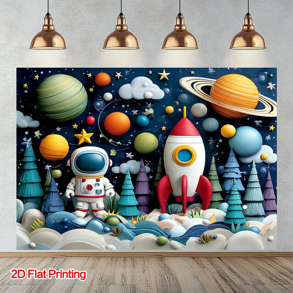 Ein 2D-Flachdruck-Hintergrundstoff mit Astronauten- und Raketen-Weltraumkunst-Motiv, aus Polyestergewebe, geeignet für den Heimgebrauch.