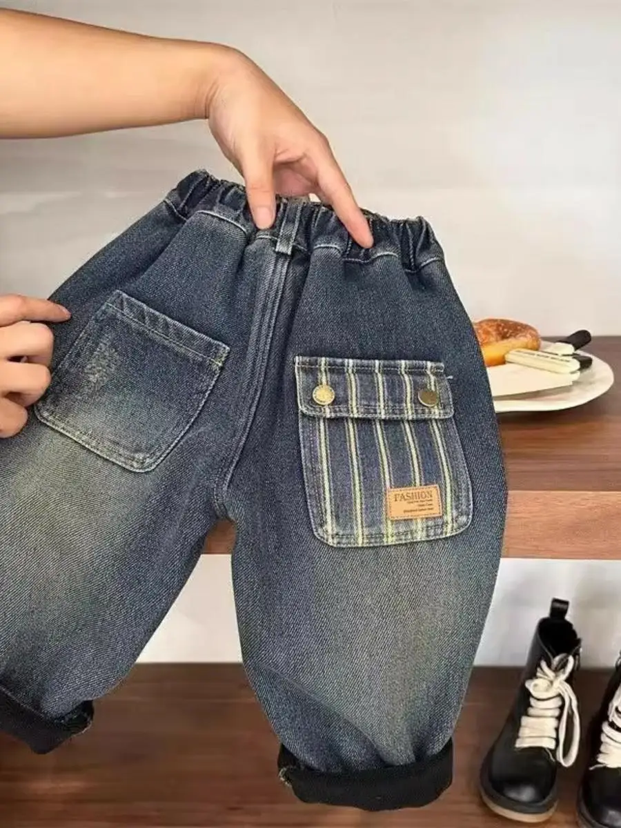 Thiened Fce 아동용 데님 청바지 가을 겨울 캐주얼 스트레이트 팬츠 아기 소년용 다용도 따뜻한 바지