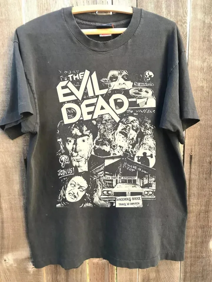 

Evil Dead 90s Movie graphic T Shirt Charcoal Fans Gifts Reprint NH14981 oversized unisex halloween spooky party costume trick or