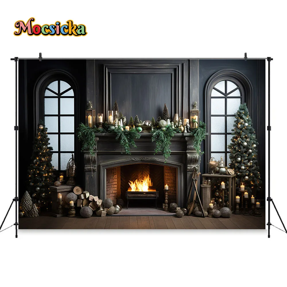 Mocsicka คริสต์มาสเตาผิงพื้นหลังสตูดิโอถ่ายภาพสีเขียว Xmas Tree หน้าต่างฉากหลังตกแต่งฤดูหนาว Family Photo Studio