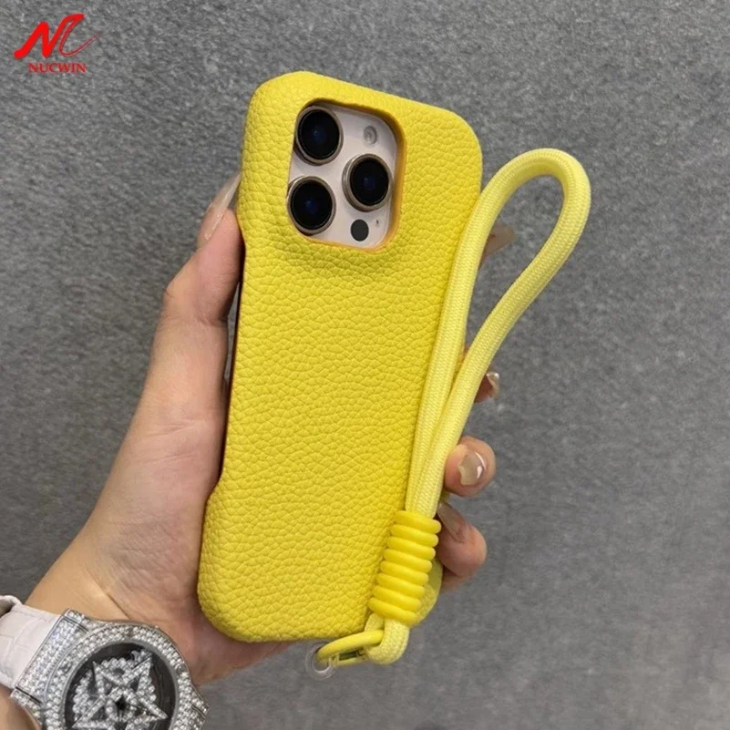 

Защитный чехол для телефона iPhone 13 14 15 16 Pro Max из искусственной кожи, противоударный, узор личи, браслет, защитный чехол 12 Pro