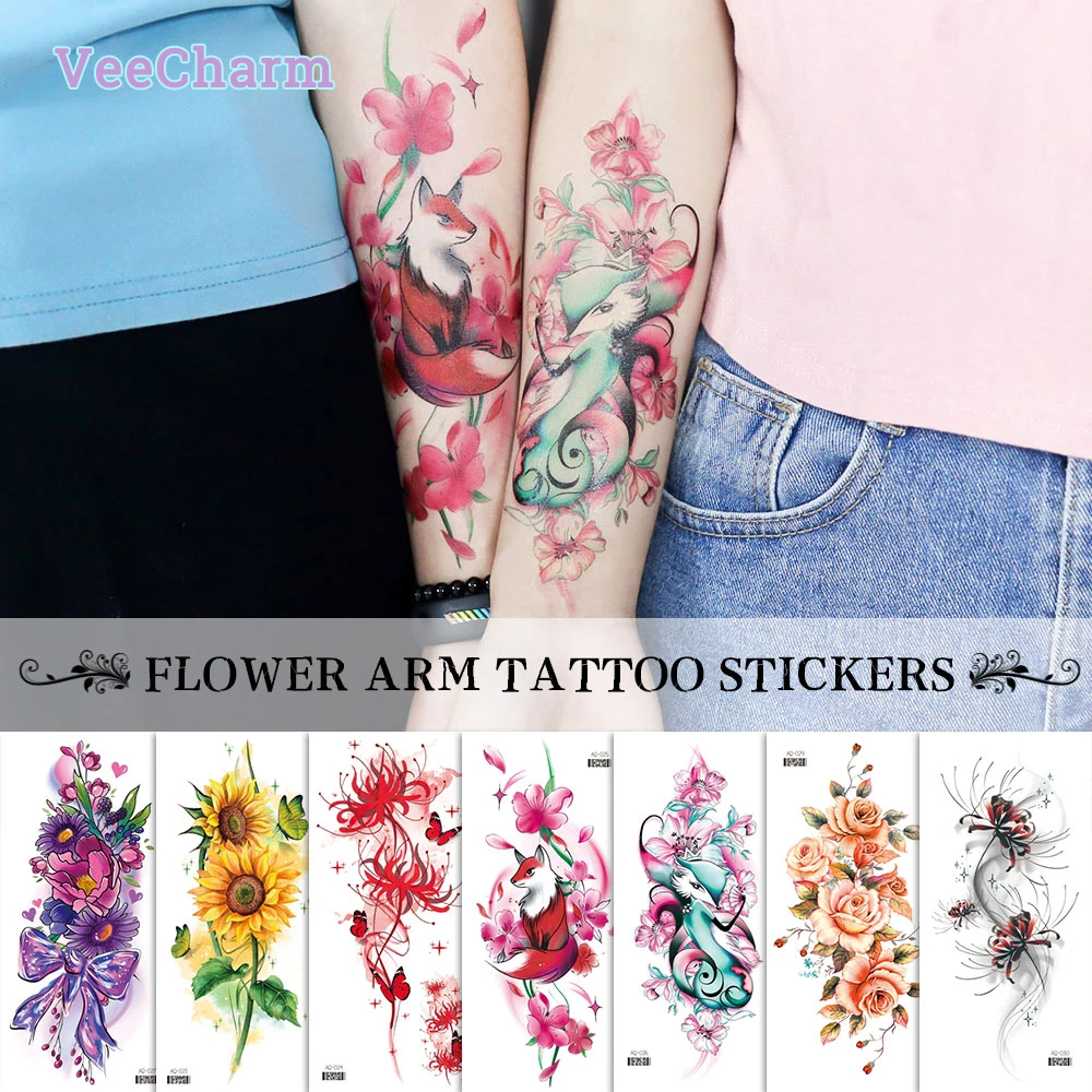 

VeeCharm - Colorful Watercolor Floral Temporary Tattoo Stickers for Adults, Half Arm/Sleeve, Fake Tattoos, Realistic, 1/8 Sheet