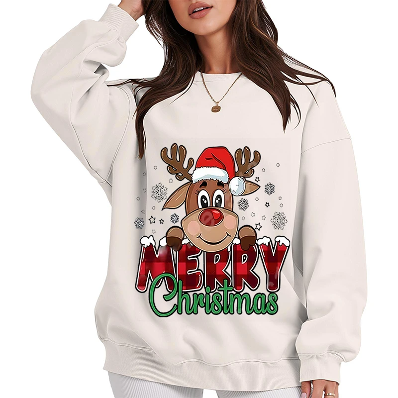 Damen-Kapuzenpullover, festliches Weihnachts-Sweatshirt mit Rentier- und Karomuster, lässig, locker, langärmelig, Rundhals-Sweatshirt für den Winter
