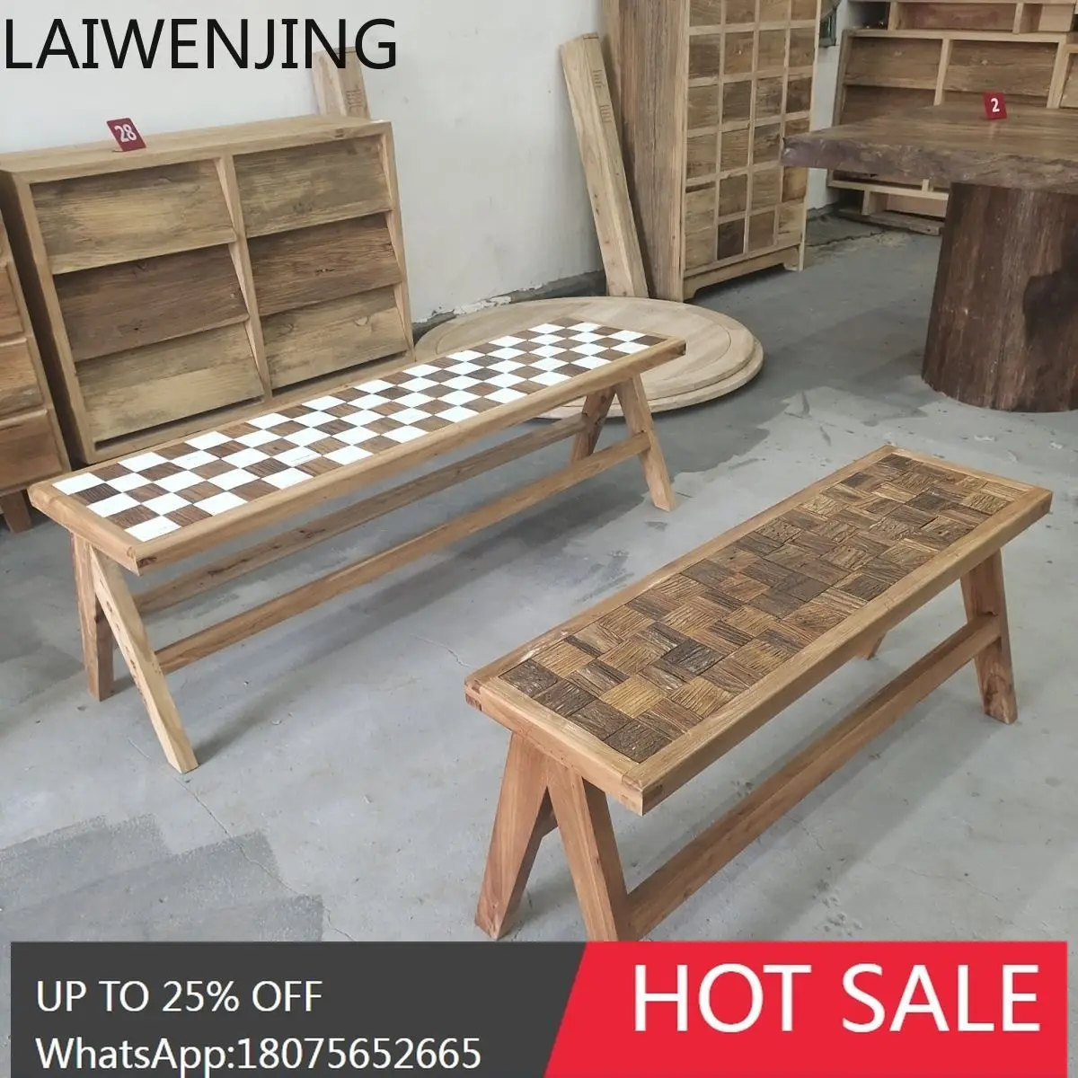 HLZ Retro Patchwork Long Bench Wabi-Sabi Style Bedroom Bedside Shoe Changing Bench Homestay Solid Wood Long Bench
