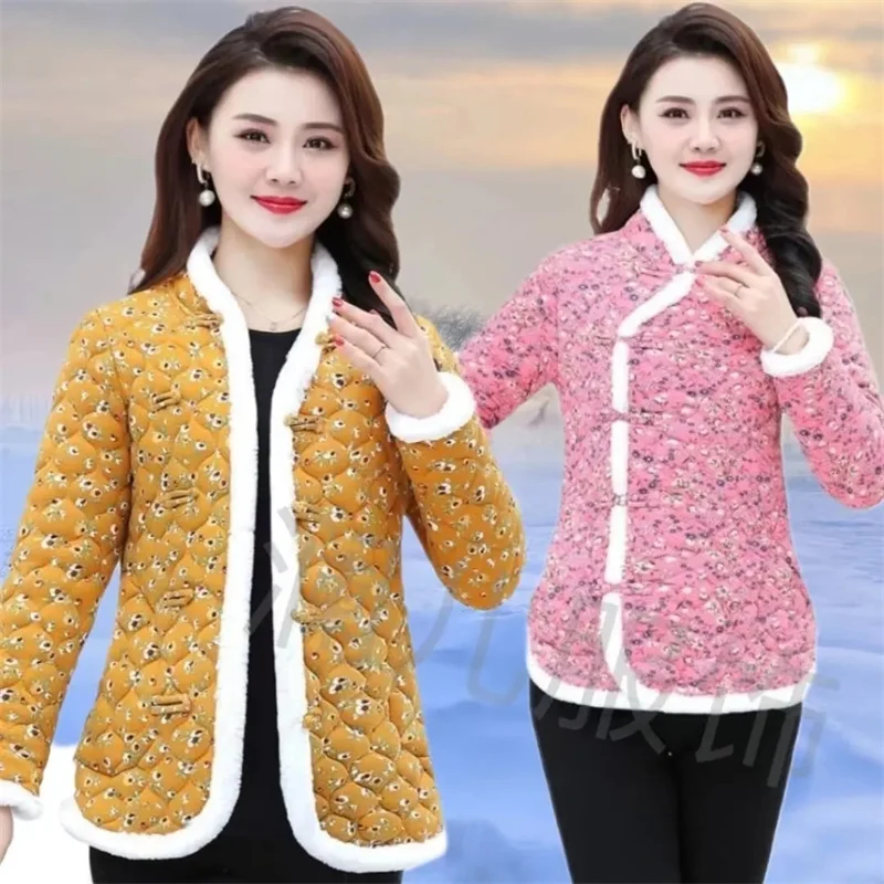 Chaqueta de algodón de plumón de camello para mujer, chaqueta de flores chinas Rojas, vestido de madre, otoño e invierno, 2023