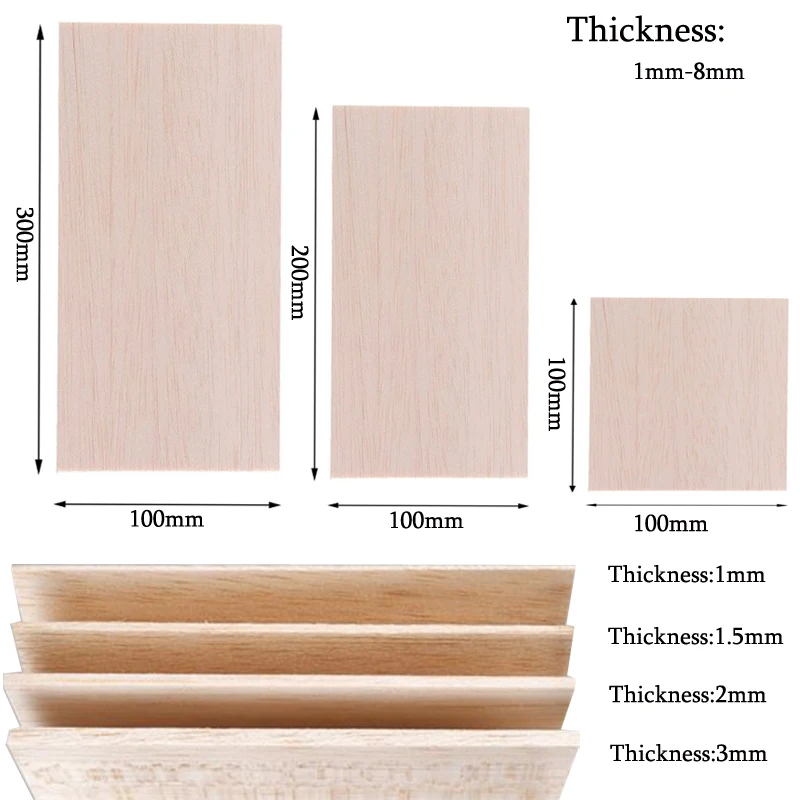 5/10 Stück Balsaholzplatten, 100/200/300 mm lang, 100 mm breit, 1–8 mm dick, für Bastelarbeiten, DIY-Projekte, Holz, DIY-Bastelzubehör – Detail 5