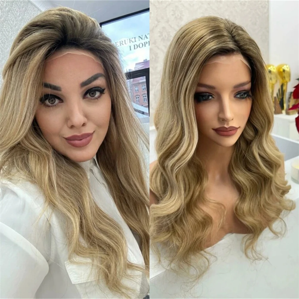 

Long Body Wave HD Invisible Transparent Lace Ombre Balayage Brown Blonde HD Lace Front Wig Human Hair Blend Synthetic Hair Wig