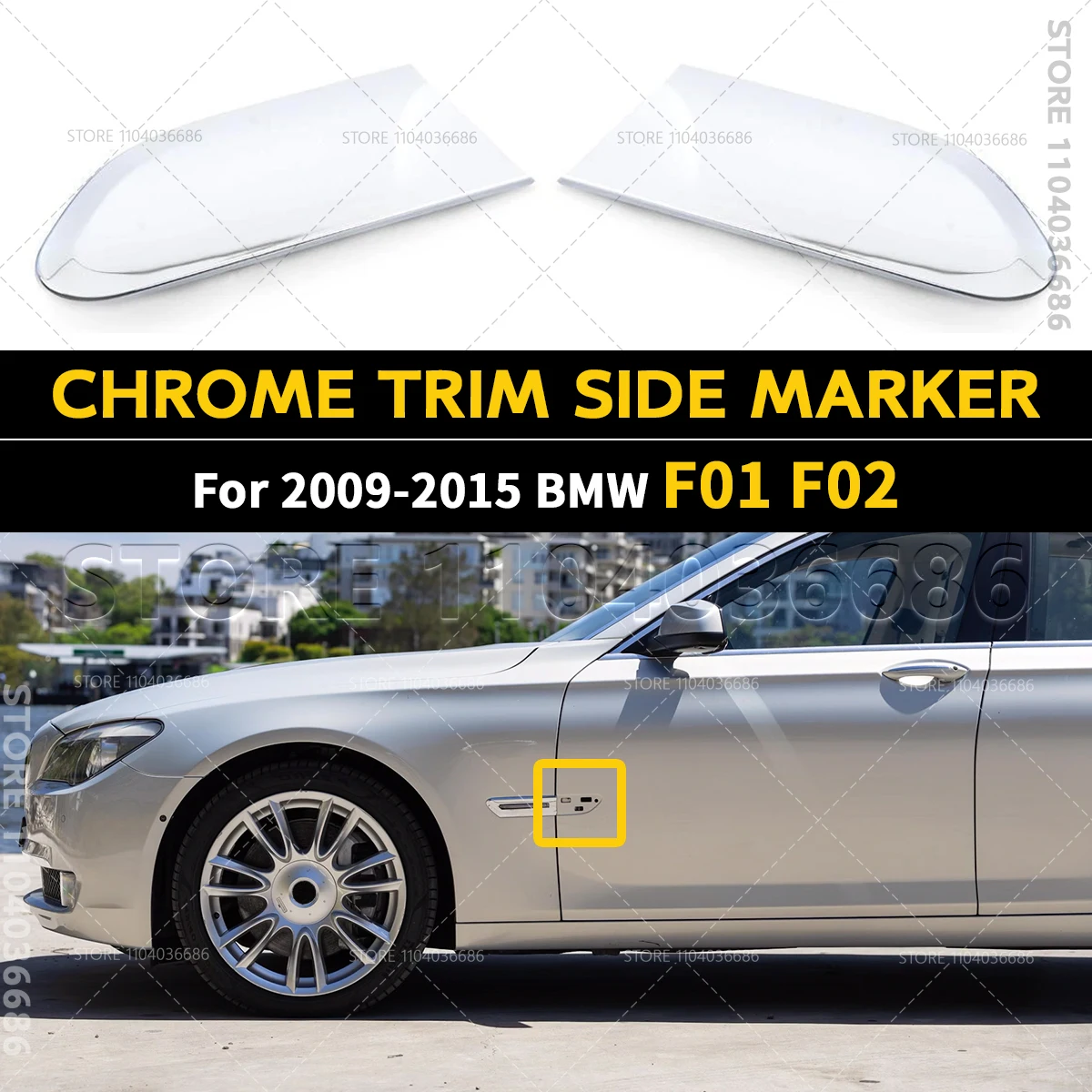 For 2009-2015 BMW 740i 750i, Alpina B7, Hybrid 7 (F01 F02) Chrome Trim Side Marker Light Fender Molding 63137182189 63137182190