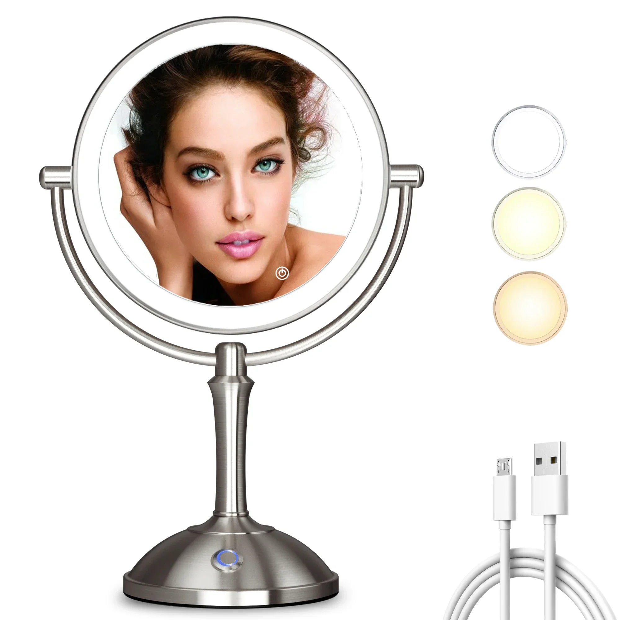 Miroir de maquillage TUSHENGTU avec éclairage, grossissement 10x, double miroir pour le maquillage, miroir cosmétique sur pied rotatif à 360 degrés