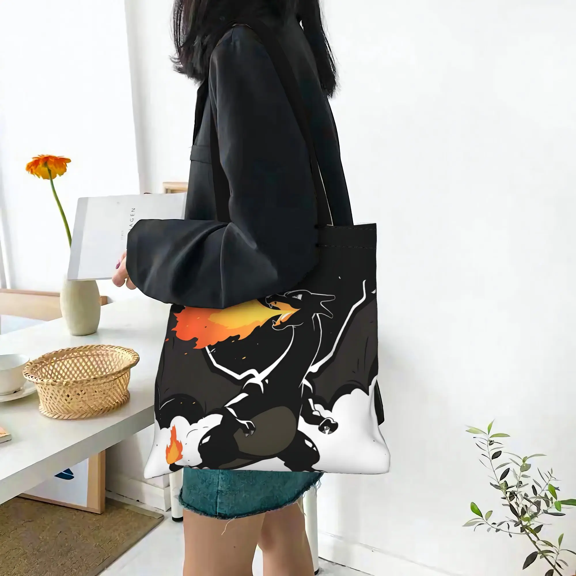 Customized Pokemon Women's Bag Shopping Bag Reusable Double Sided Canvas Tote Bag Shoulder Charizard Handbag