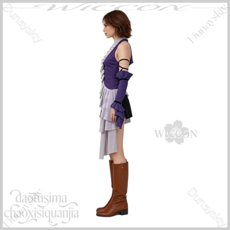 Y2K Jirai Kei Yuna Purple Halter V-neck Ruffle Frill Cropped Cos Top Cosplay Anime Game FFFX Costume Idol Stage Outfit Halloween view 6