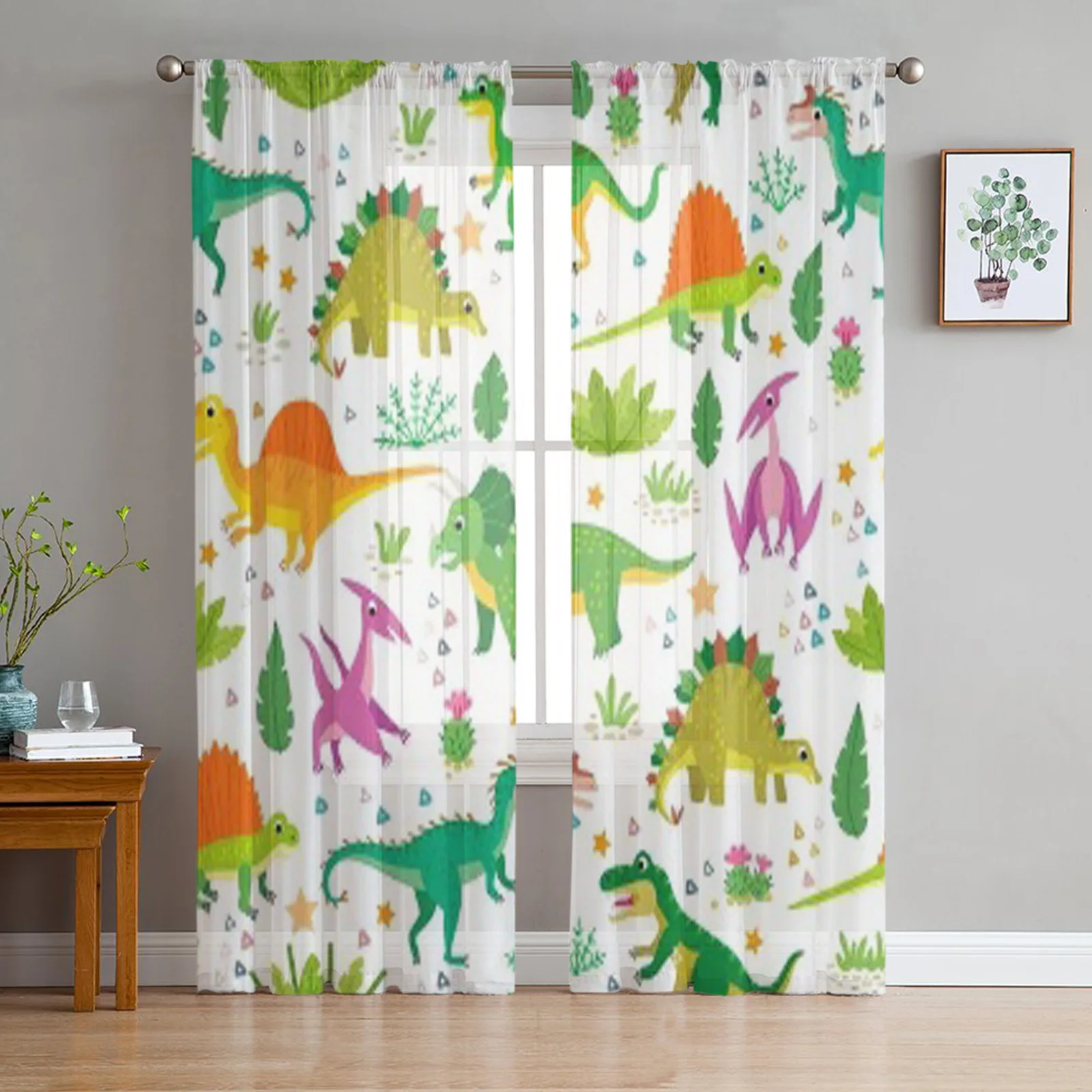 A Childish Dinosaurs And Tropical Leaves Sheer Curtains For Bedroom Living Room Tulle Curtains For Kitchen Window Voile Curtains