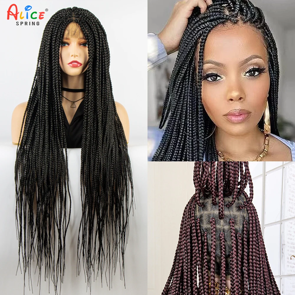 

34 Inches Synthetic Full Lace Braided Wigs for Black Women Knotless Box Braided Wig With Baby Hair Synthetic Lace Wigs