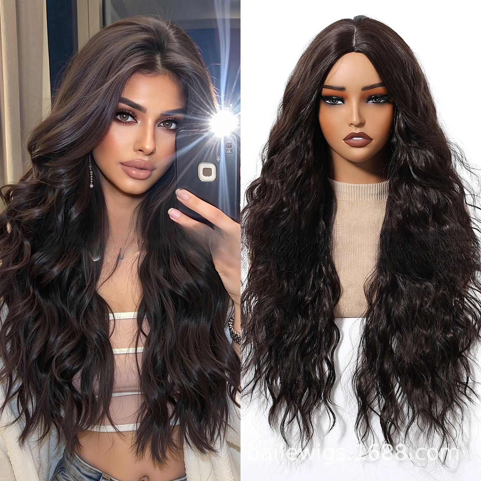 

Hot wig black brown medium long curly hair full head cover chemical fiber women's hair Europe and America