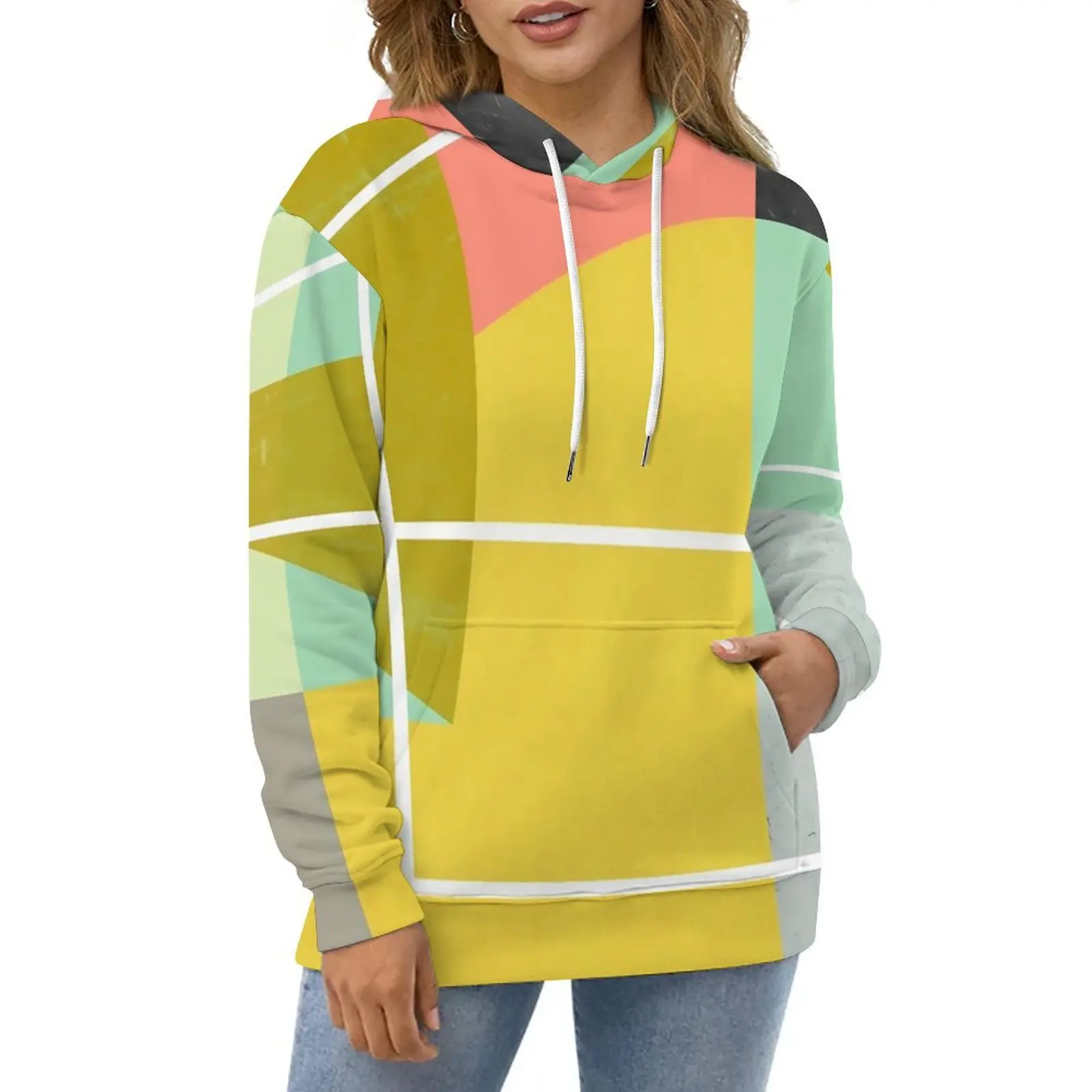 

ColorBlock Casual Hoodies Geometry Print Pretty Graphic Loose Hoodie Winter Long-Sleeve Classic Oversized Top