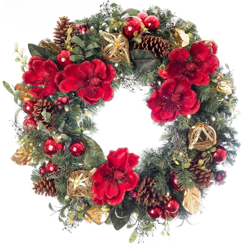 

30-дюймовый искусственный рождественский венок - Коллекция красной магнолии - Красное и золотое украшение - Предварительно освещенный с 50 теплыми прозрачными цветными светодиодами