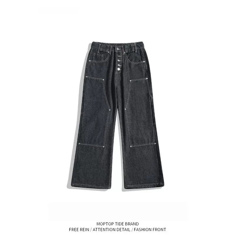

American Retro Multi-Button Carpenter Micro-flared Denim Pants High Street Personalized Wide Leg Pants for Men And Women