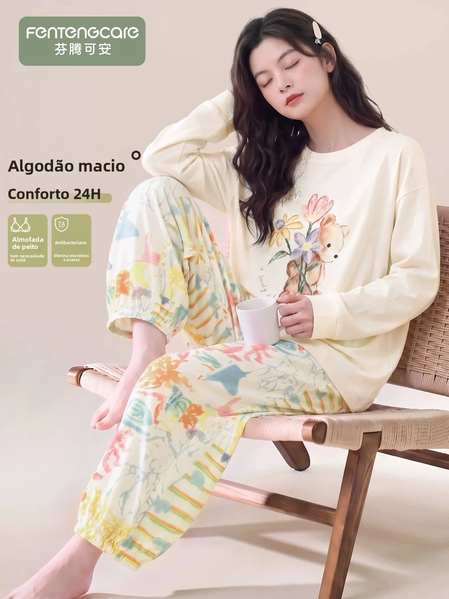 fenteng-linea-care-pigiama-in-puro-cotone-da-donna-maniche-lunghe-scollo-rotondo-motivo-floreale-con-orsetto-pantaloni-a-gamba-larga-abbigliamento-da-casa-comodo-e-morbido