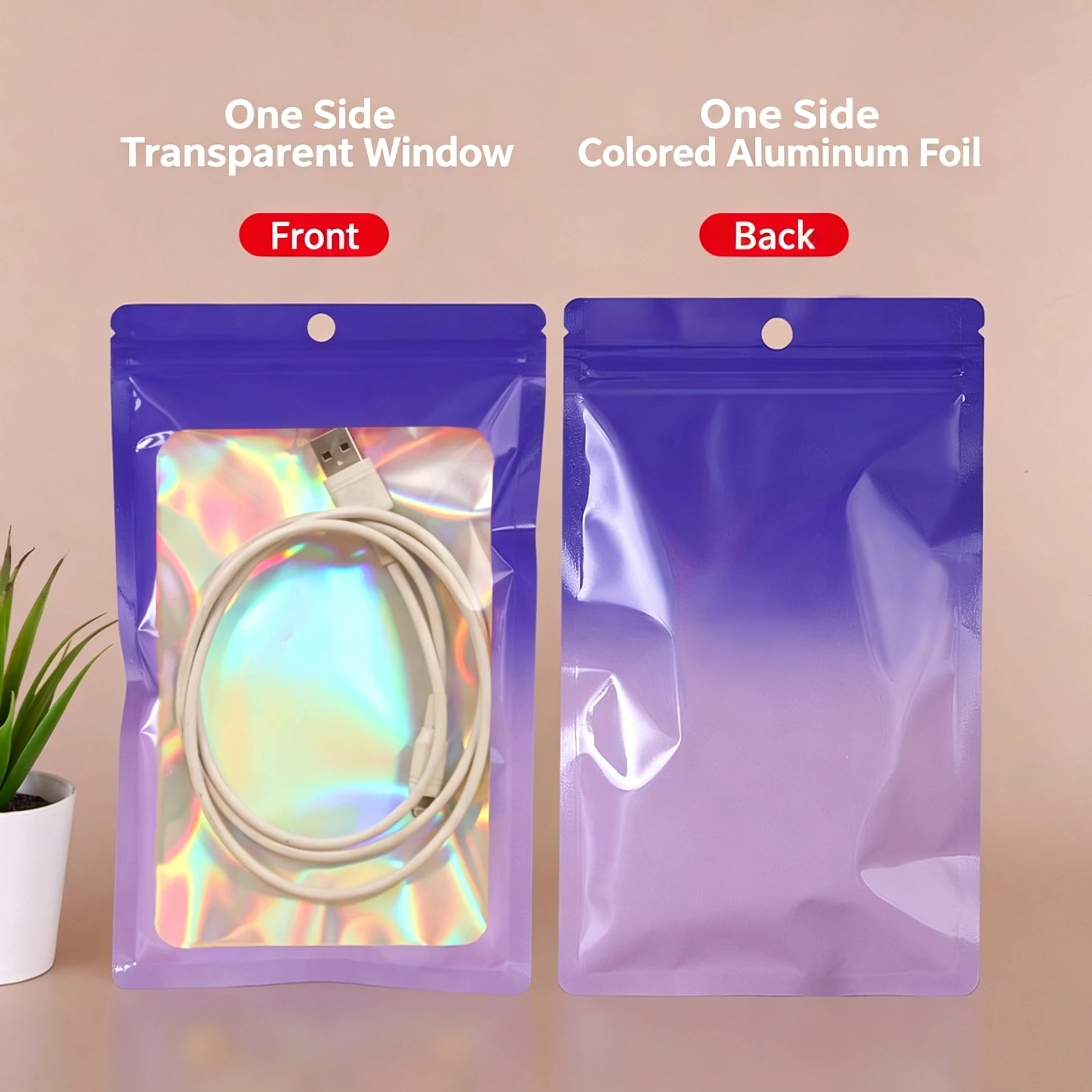 50PCS Blue Purple Gradient Holographic Zipper Pouches, Clear Window Bags for Jewelry Photocard Storage Bag