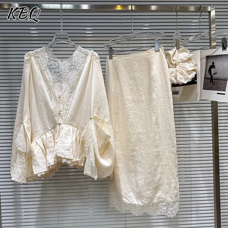 

KBQ Solid Spliced Lace Three Piece Set for Women Chic Scarf V Neck Loose Tops High Waist Long Skirts French Set Female Autumn