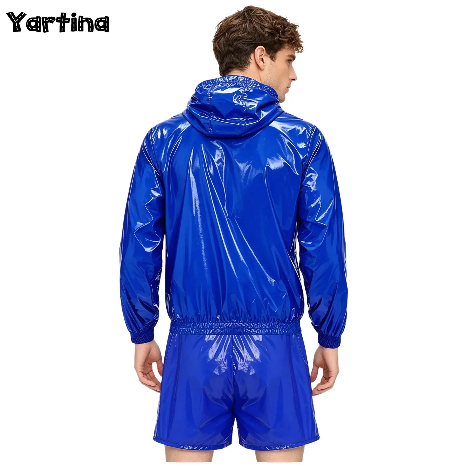 

Mens Waterproof Hooded Sets Tracksuit Long Sleeve Front Zip-up Jacket Built-in Briefs Boxer Shorts Sweat Sports Outfit