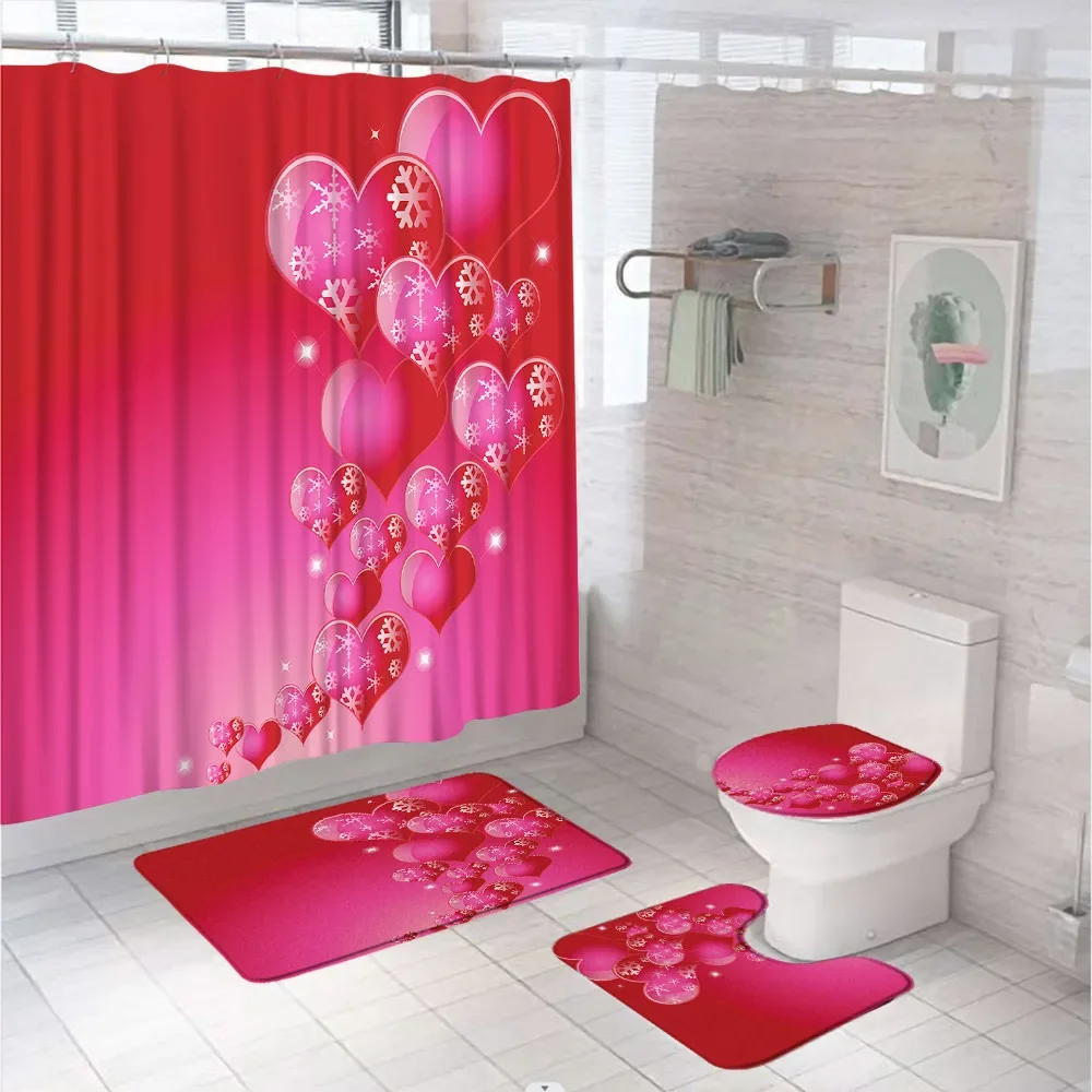 Valentine's Day Love Red Hearts Shower Curtain Set Couple Wedding Gift Bathroom Curtains Home Non-Slip Bath Mat Rug Toilet Cover