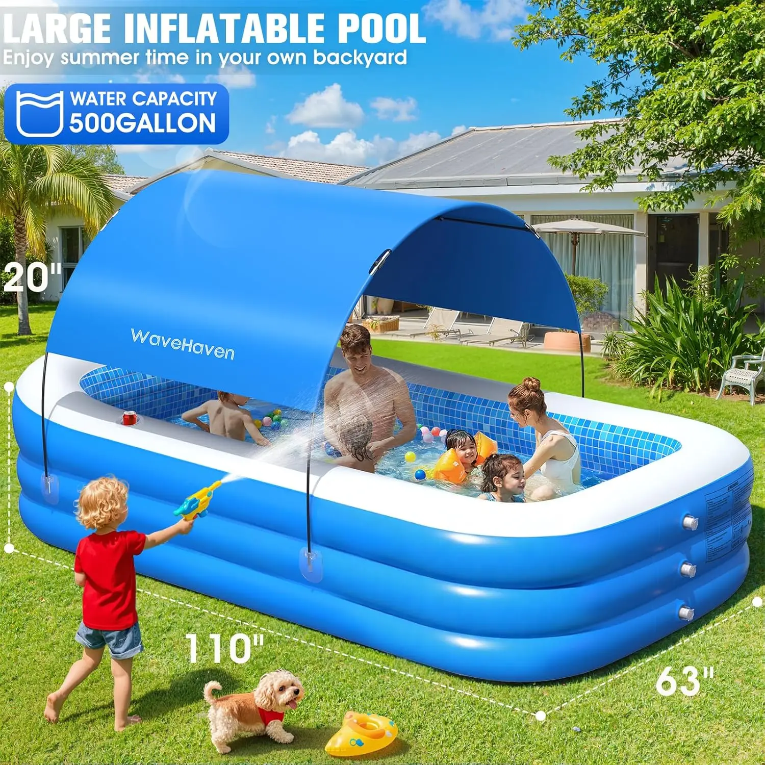 Upgraded Blow Up Pool for Adults&Kids,Large Inflatable Pool with Seat and Big Backrest,Kiddie Pool with Shade,Kid Swimming Pool