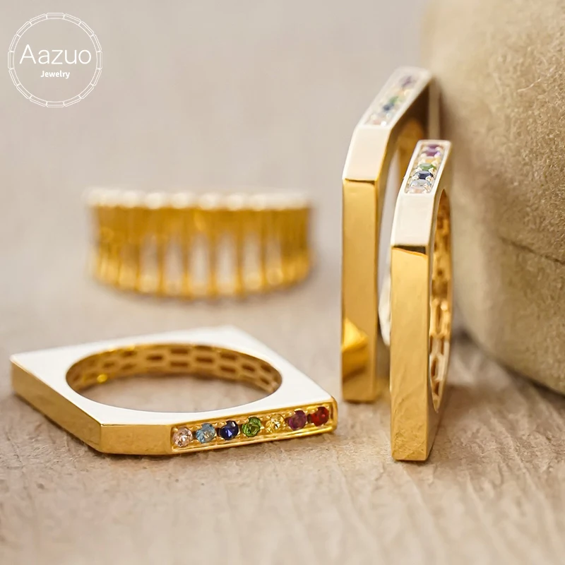 Aazuo Fine Jewely Real 18K Yellow Gold  Natrual Sapphires Vintage Style Rainbow Lines Ring Gift For Girls & Kids Birthday Party