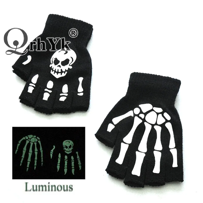 Fashion Halloween Style Gloves Luminous Horror Skull Bone Skeleton Half Gloves Novelty Unisex Mittens Winter Warmer Gloves