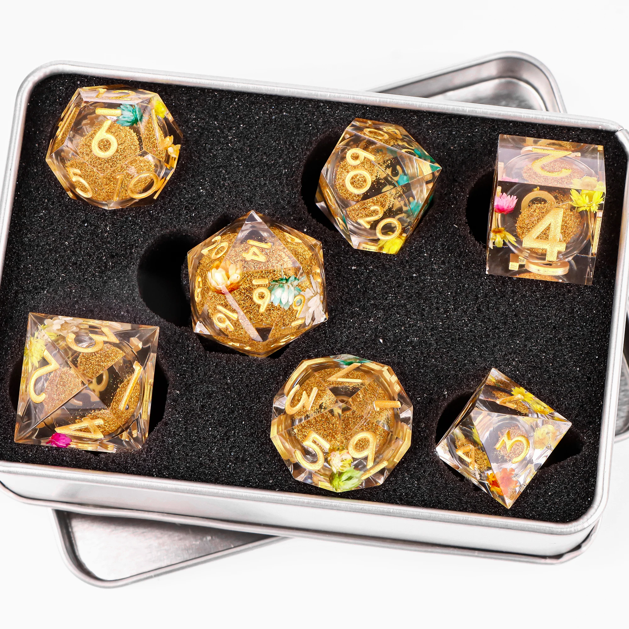 D&D yellow flower liquid core dice for dungeons and dragons, Liquid core dice set for Board games dice, Sharp edge resin dice