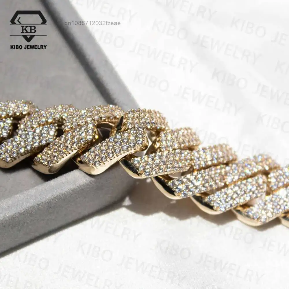 Luxury Heavy Hip Hop Big Size 925 Silver 10k Solid Yellow Gold Mossanite Chain 18mm Vvs1 Lab Grown Diamond Iced Out Cuban Link B