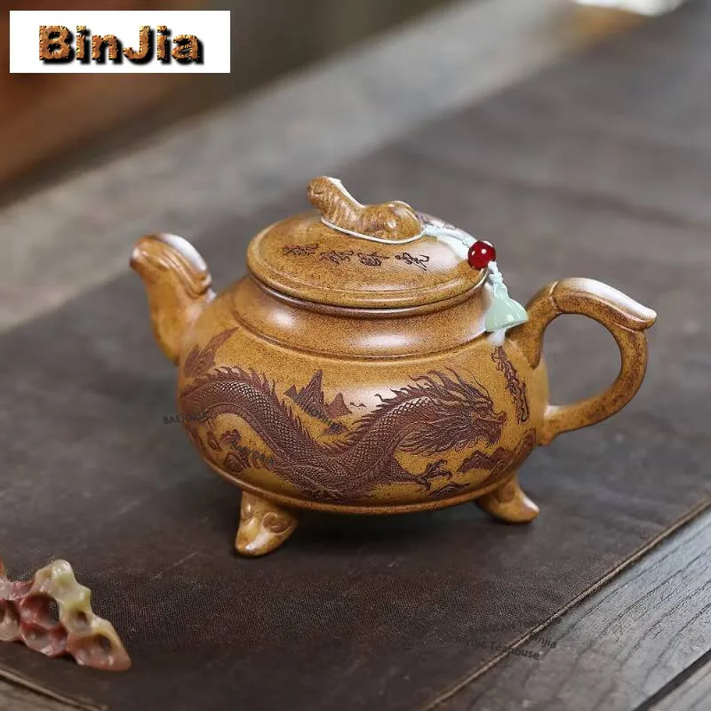 400ml Traditionelle Yixing Lila Ton-Teekanne, handgefertigt, Dreifuß-Design, aus Roh-Erz, holzgebrannt, Zisha Teekanne, Teegeschirr-Set
