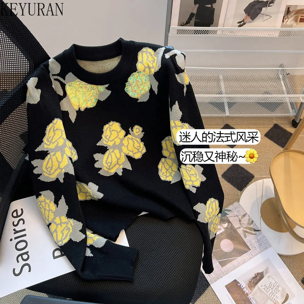 Vintage Floral Jacquard Sweater Women 2024 Autumn Korean Fashion Puff Long Sleeve O-Neck Knitted Pullovers Sweaters Woman Jumper