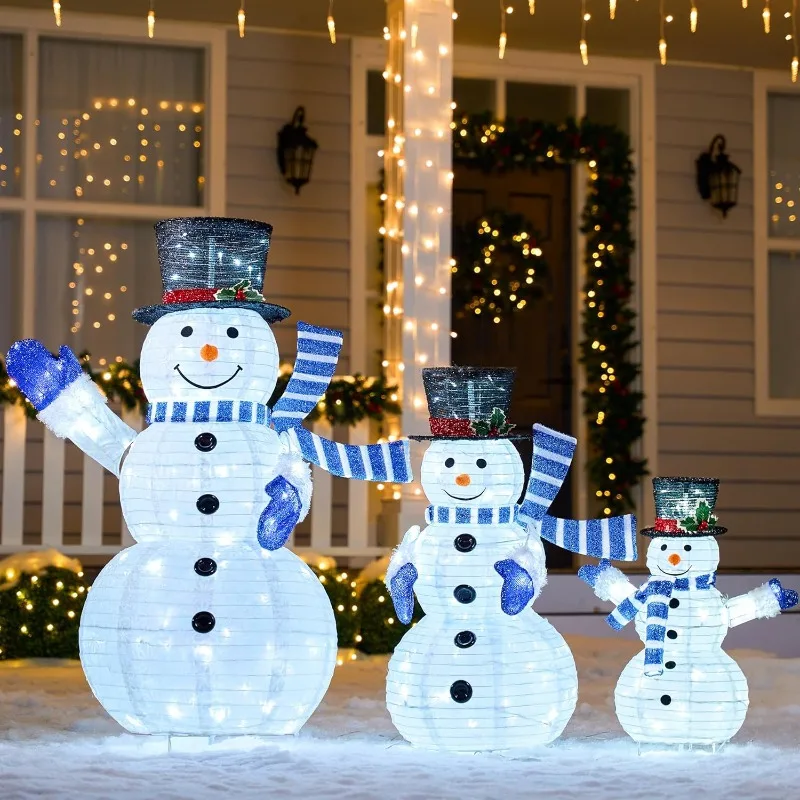 3 Pcs 3D Christmas Collapsible Snowman Yard Light 270 Pre-Lit LED Cool White Lights for Indoor Outdoor Garden Holiday Decor, Christmas Event Decoration, Christmas Eve Night, Blue Scarf