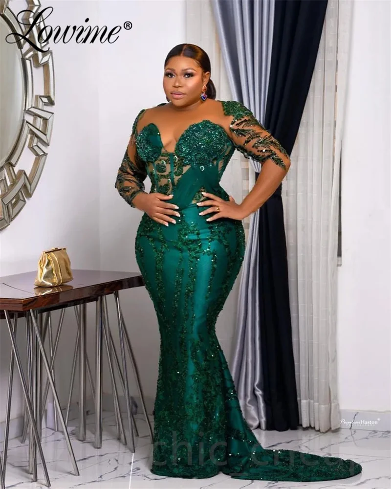 Hunter Green Mermaid Prom Dresses Long Sleeves Lace Sequined Crystals Evening Party Second Reception Engagement Gowns Plus Size