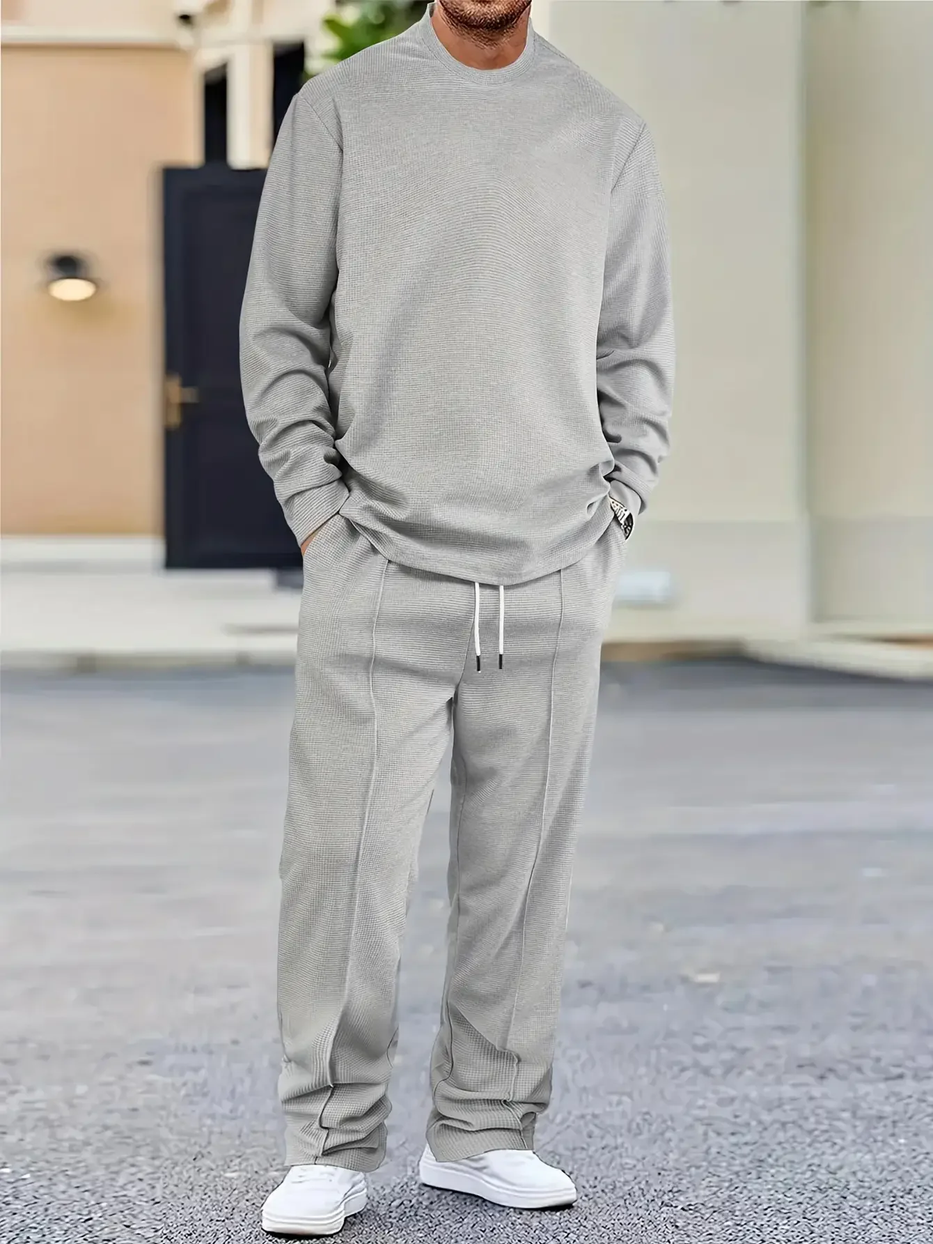 بدلة كاجوال منقوشة بلون سادة مكونة من قطعتين للرجال بأكمام طويلة ورقبة دائرية وأكمام طويلة بلوفر بلون سادة